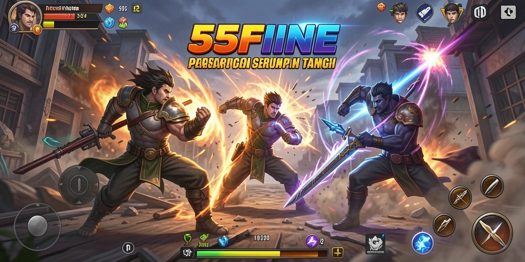 Tangkapan layar gameplay <strong>55FIVE</strong> menampilkan aksi pertarungan yang intens dan karakter yang beragam.