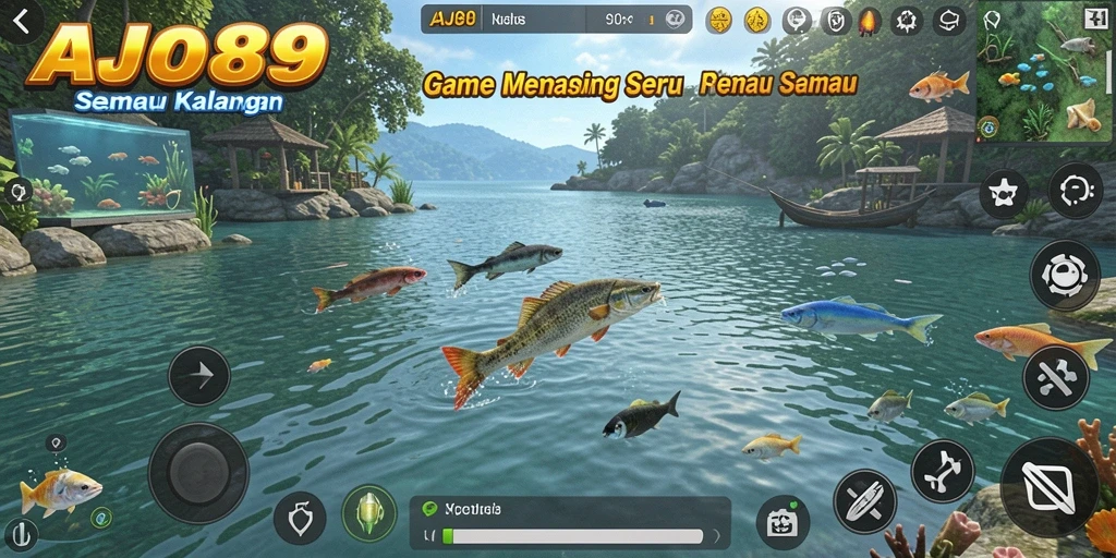 Screenshot AJO89 menampilkan pemain yang sedang memancing di danau indah.