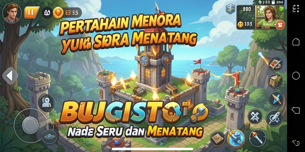 Screenshot gameplay menampilkan menara pertahanan dalam aksi menghadapi gelombang musuh.