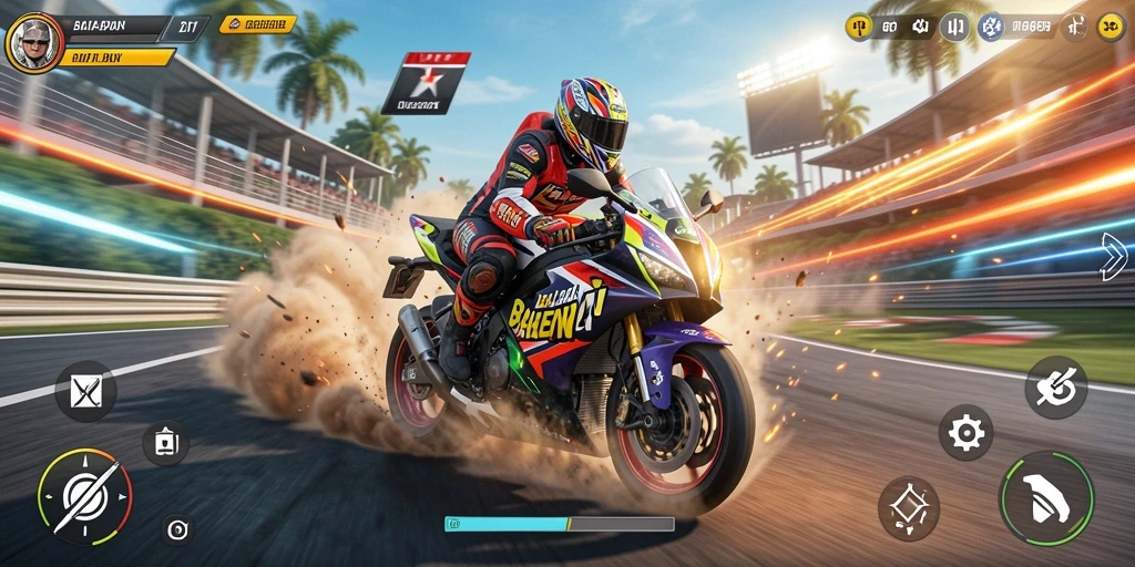 Screenshot gameplay DY01 yang menampilkan aksi balapan motor yang intens.