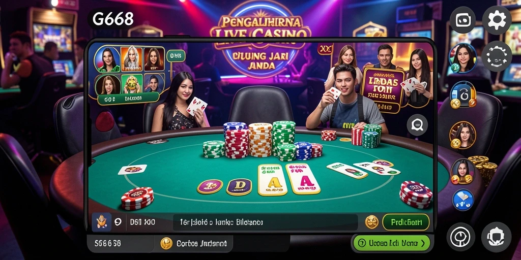Tampilan gameplay G668 dengan dealer langsung dalam suasana kasino yang mendebarkan.