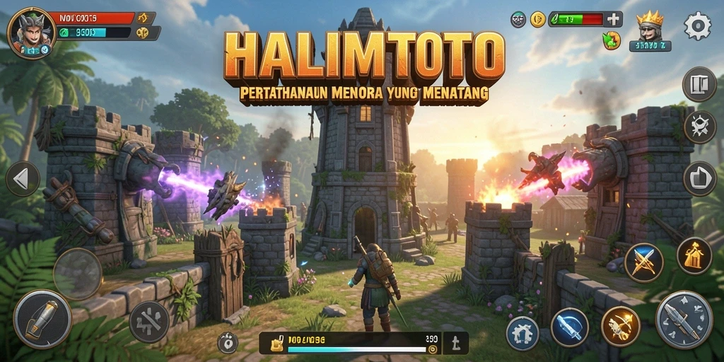 Screenshot gameplay HALIMTOTO menampilkan pertarungan menara yang mendebarkan.