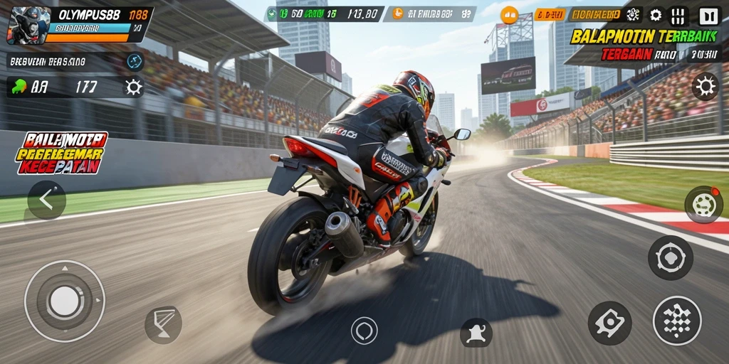 Screenshot OLYMPUS88 menunjukkan balapan motor yang mendebarkan.
