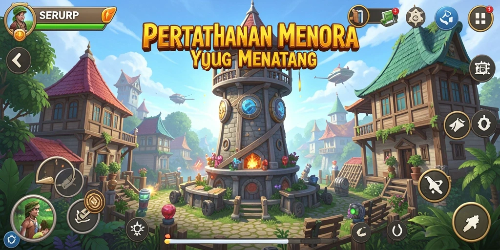 Tampilan gameplay yang mendebarkan dari SERURP dalam pertahanan menara.